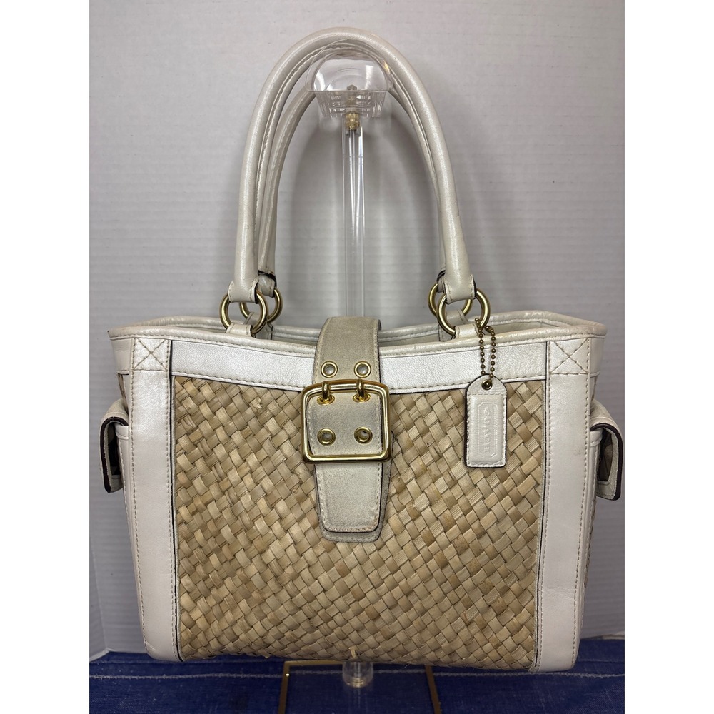 Coach Vintage 2004 Hamptons Weekend Straw Tote Bag White Leather Trim M04K-4419